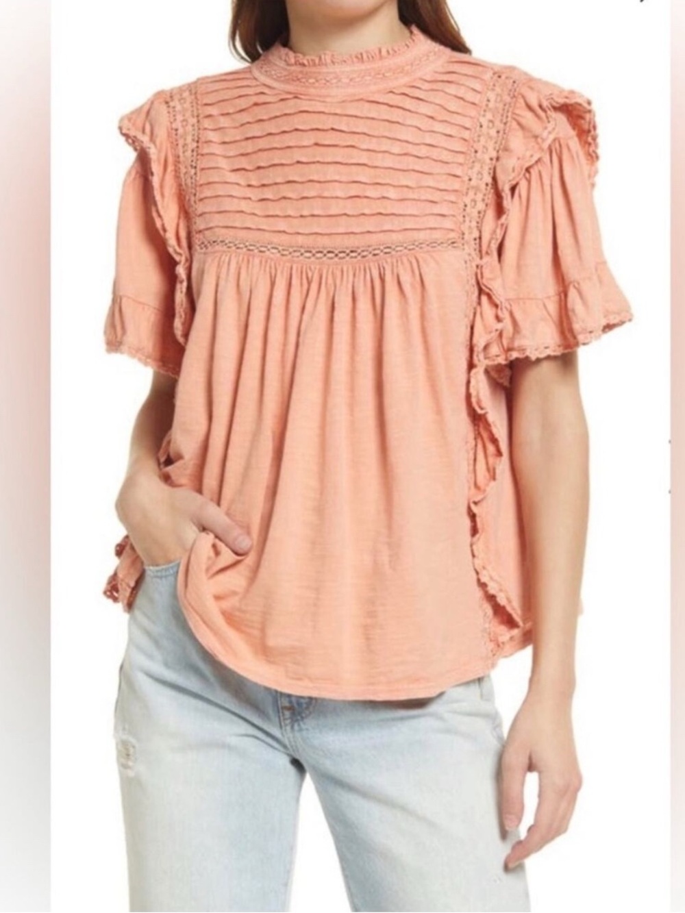 Free People Le Femme Lace Ruffle Pintuck Top Peach Pink Size Small